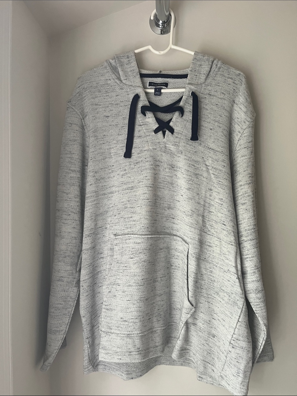 Club Room Lightweight Heather Gray Hooded Sweater with Navy Lace-Up